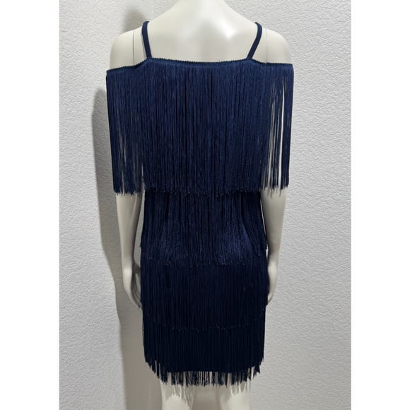 Boston Proper Muse Flapper Tiered Fringe Dress Sz 4 Sleeveless Dk Blue Party - Picture 5 of 9